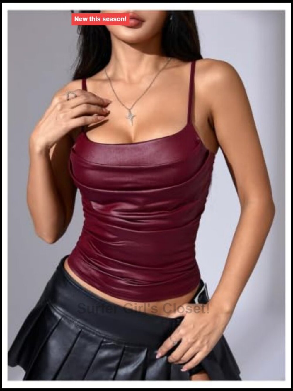Faux Leather Draped Camisole Y2K Rave Party Top Square Neck Sleeveless - Picture 3 of 5